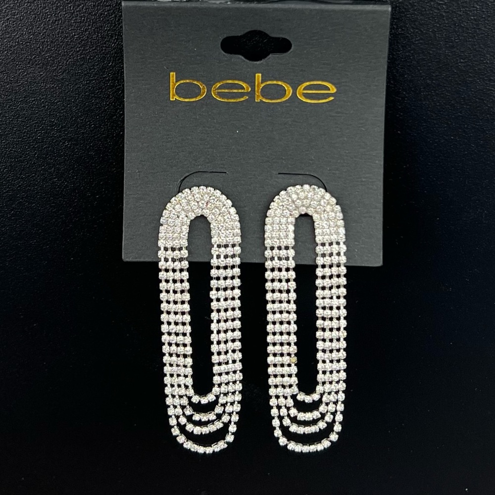 Bebe Earrings Drop 2”1/4 Silver - faux diamonds /  crystals